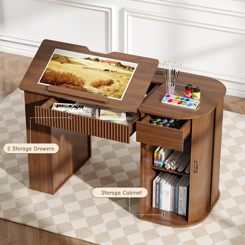 Drafting Table with Storage Cabinet & Drawers, Crafting Table with Open S...
