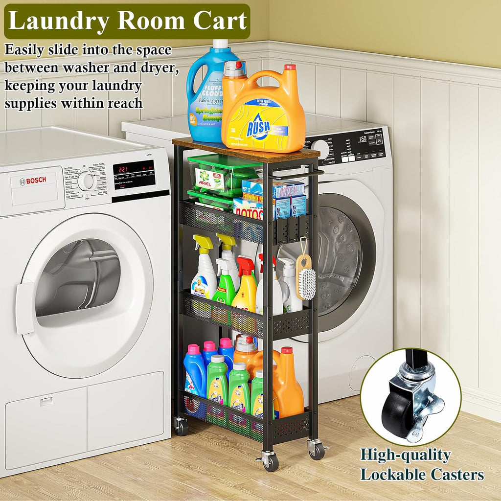 Utility Slim Storage Cart, 4 Tier Small Rolling Kitchen Laundry Room Cart with Wood Top, Metal Narrow Bathroom Storage Cabinet Mobile Shelf Unit Organizer Trolley with Handle for Narrow Space