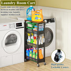 Utility Slim Storage Cart, 4 Tier Small Rolling Kitchen Laundry Room Cart with Wood Top, Metal Narrow Bathroom Storage Cabinet Mobile Shelf Unit Organizer Trolley with Handle for Narrow Space