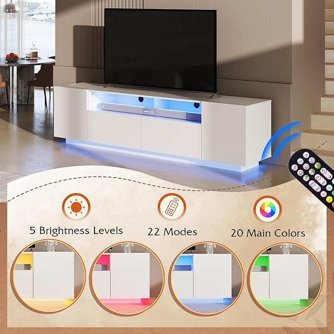 WLIVE LED TV Stand with Large Storage Cabinet, Modern Entertainment Center for 55/60/65/70/75 Inch TVs, Sturdy TV Console for Living Room, Bedroom,Rec Room(White)