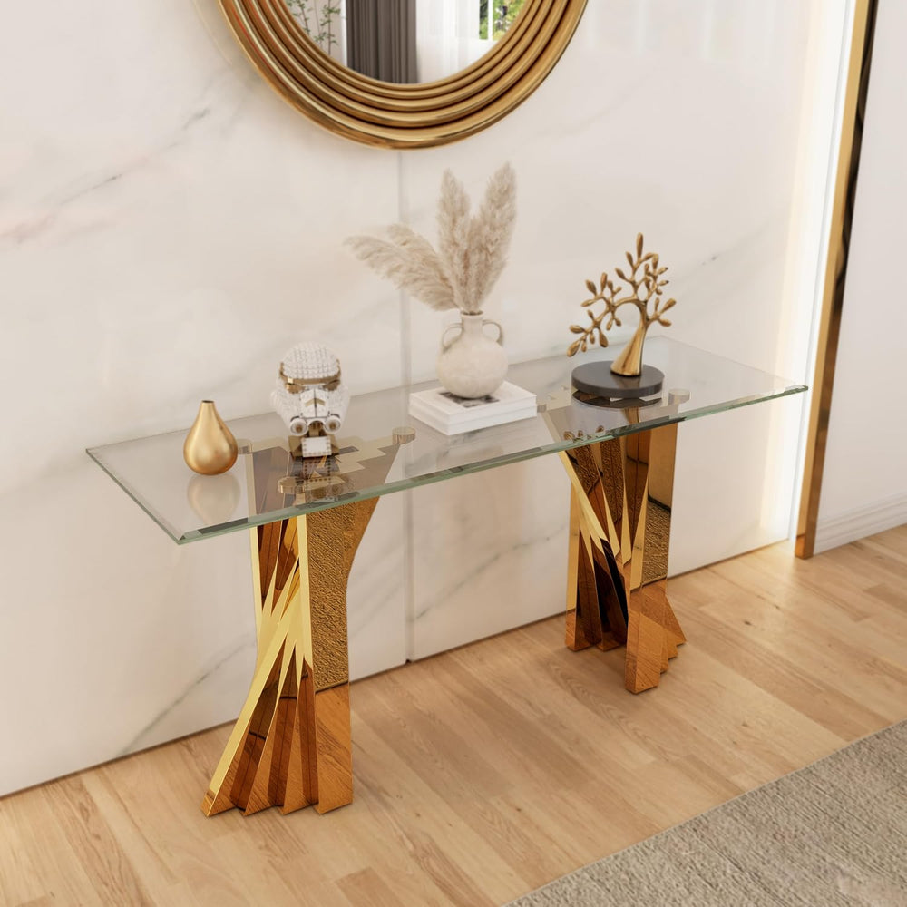 60" Gold Console Table, Entryway Table with Clear Tempered Glass | Moder...