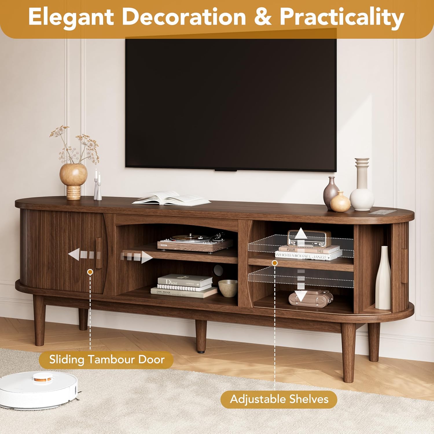 Decofy 63" Fluted TV Stand for TVs Up to 70" with Charging Station, Walnut | Mid Century Modern Built-in Charging Station Sliding Tambour Doors Adjustable Shelves Entertainment Center Solid Wood Legs