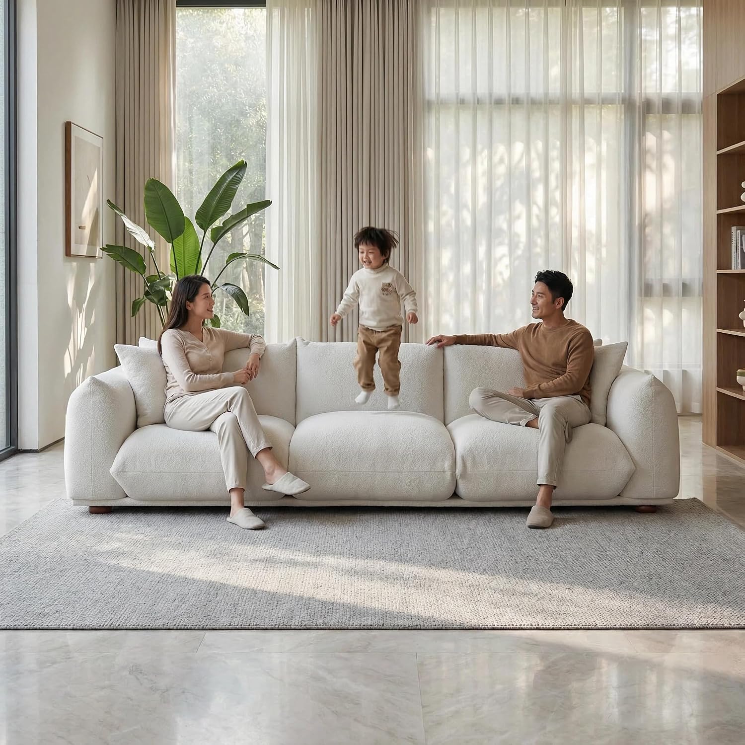 Sofa Couch, 100", 3 Seater, Solid Wood Frame, Boucle, Minimalist, Cream | Mid Century Modern 3 Seater Upholstered Couch, Nordic Minimalist Comfy Sofa, Solid Wood Frame Living Room Furniture