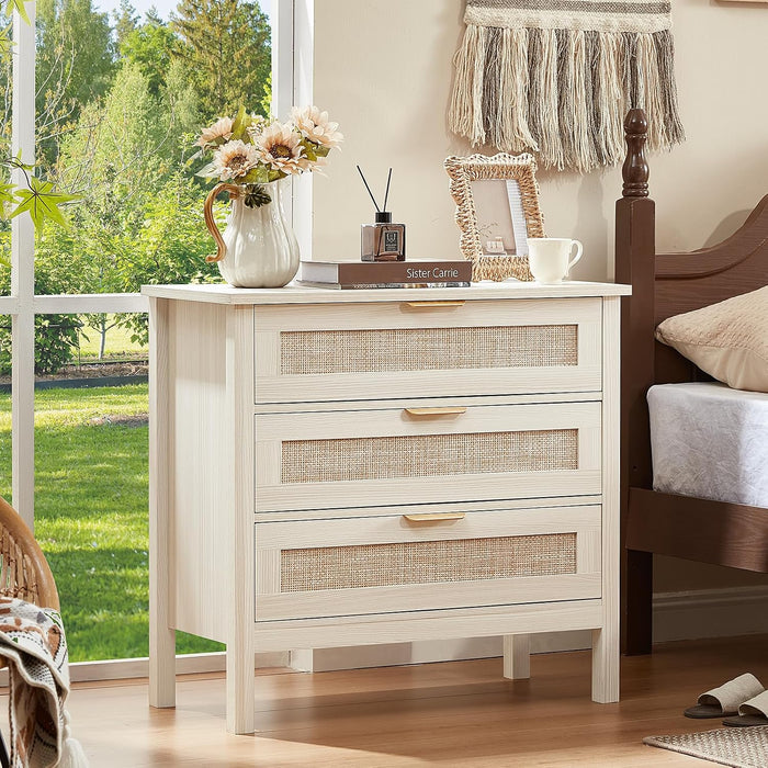 LEYAOYAO 31.5" Wide Rattan Nightstand, Large Boho 3 Drawer Night Stand | Grey White Bedside Table with Storage, Tall Bed Side End Tables for Bedroom, Living Room, Hallway