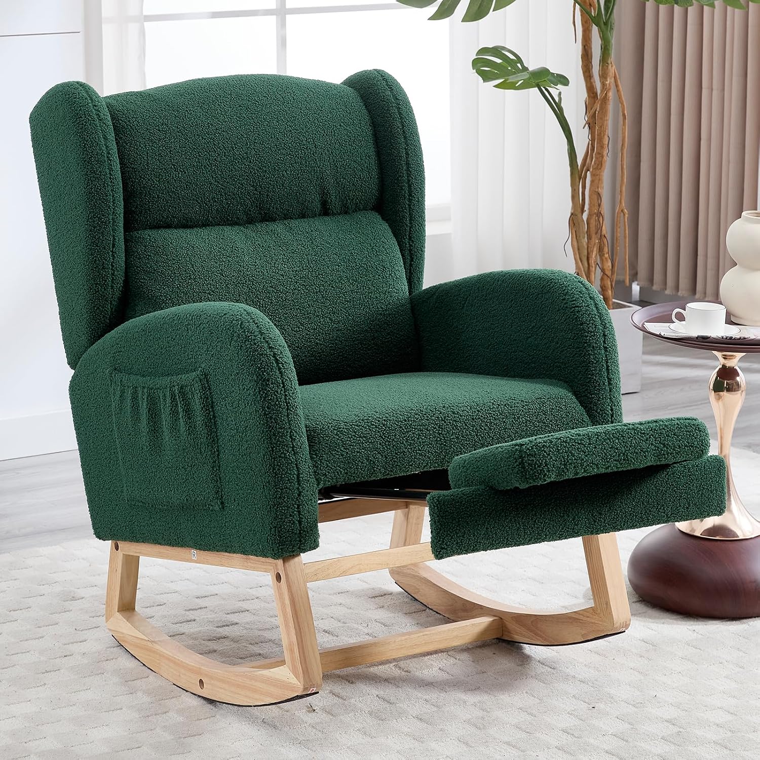 NIOIIKIT Nursery Rocking Chair with Footrest, Teddy Upholstered Glider Chair, Rocker Nursery Chair with Side Pocket, Glider Rocker, Accent Reading Chair for Living Room (Green)