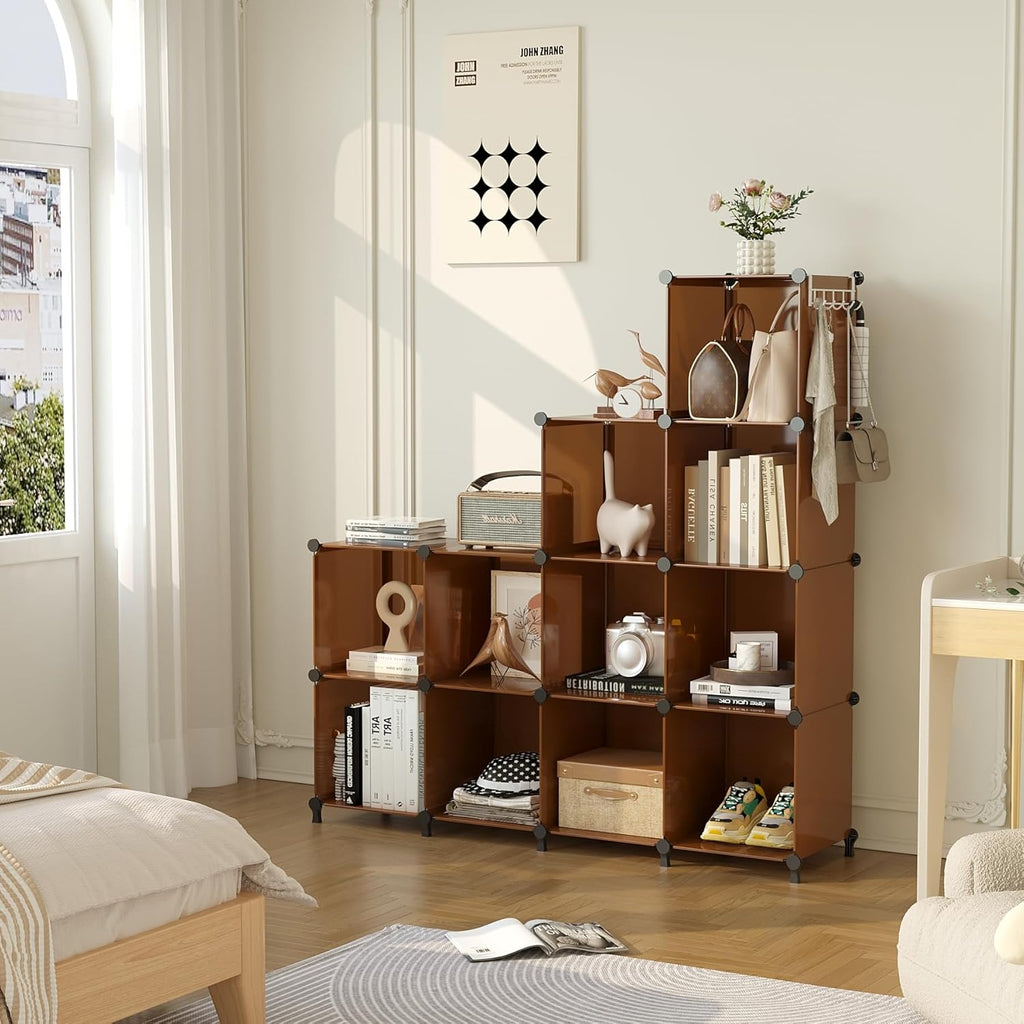 AWTATOS Cube Storage Organizer, Storage Cubes Shelves Bookshelf, 12 Cube Closet Organizers and Storage, DIY Stackable Plastic Clothes Organizer Shelving for Bedroom, Home, Cocoa Brown
