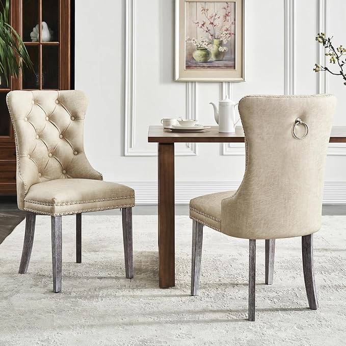Kiztir Leather Dining Chairs Set of 2, Upholstered Dining Chair with Nailhead Trim and Solid Wood Legs, Luxury Wingback Dining Side Chair for Living Room, Bedroom, Kitchen (Beige)