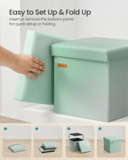 SONGMICS Folding Storage Ottoman Bench, Linen Fabric, Storage Chest, Foot Rest Stool, Holds up to 286.6 lb, 11.8 x 11.8 x 11.8 in, Bedroom Bench, Blue-Green Ombre, Minota Collection ULSF028X201
