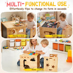 Montessori Weaning Table and Chair Set for Toddlers Age 1-3,with Blackboard | Flip Stool to Adjust Height, Storage Hooks, Puzzle Storage Boards, Natural Wood,CPC Certification,for Dining,Painting,Reading