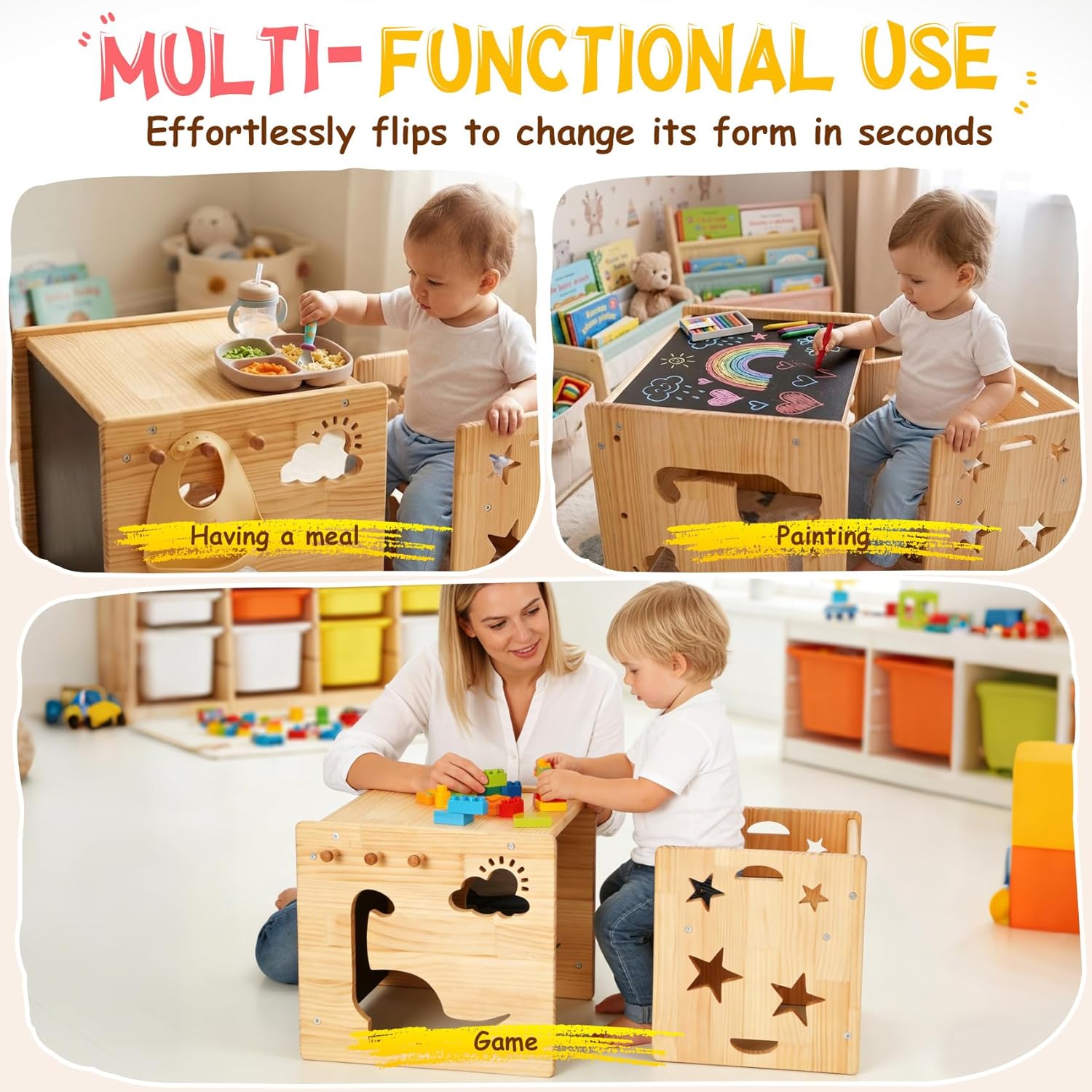 Montessori Weaning Table and Chair Set for Toddlers Age 1-3,with Blackboard | Flip Stool to Adjust Height, Storage Hooks, Puzzle Storage Boards, Natural Wood,CPC Certification,for Dining,Painting,Reading