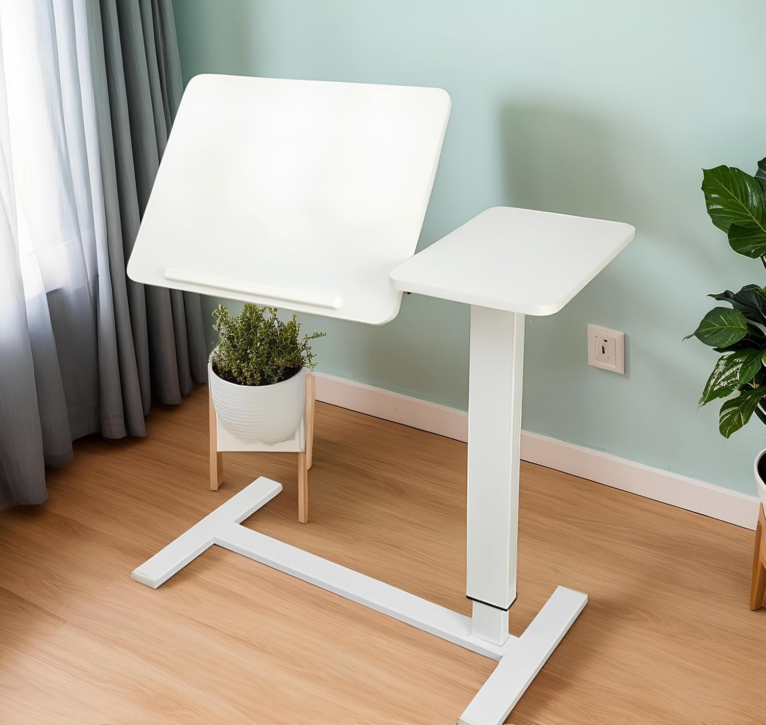 Overbed Desk with Wheels, Height Adjustable Rolling C Shaped Side Table with Tilting Top, Mobile Laptop Stand for Bed Couch Sofa, Bedside Table for Small Space Work from