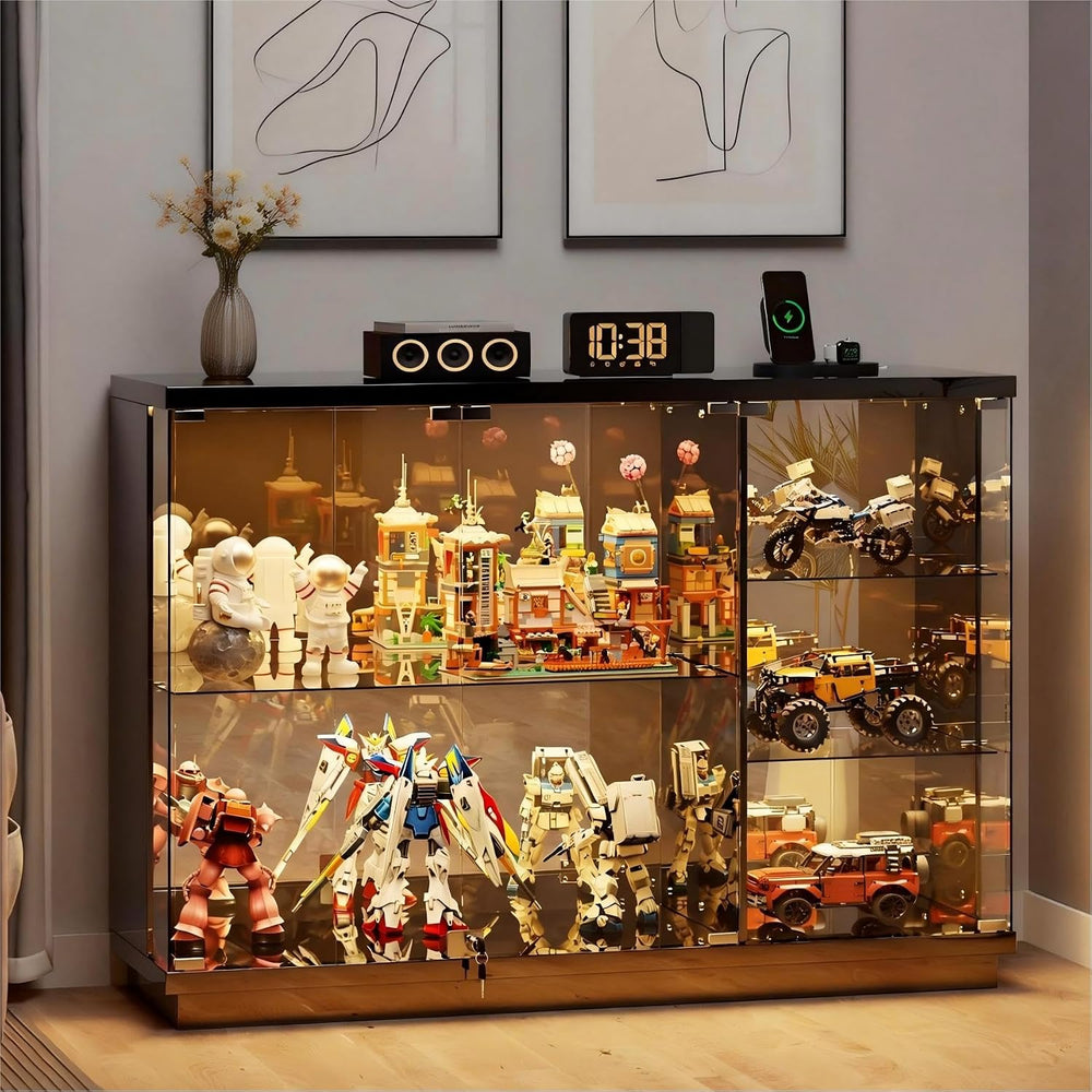 Gurexl 47.2" W Glass Display Cabinet with 3-Color LED Lights, 5-Tier Loc...