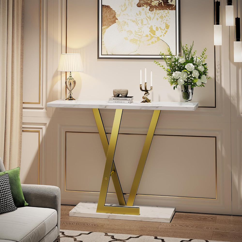 43.3" Gold Console Table, Modern Entryway Table with White Faux Marble T...