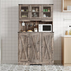 Farmhouse Pantry Cabinet with Charging Station, 70.5" Tall Kitchen Hutch Storage Cabinet with Doors and Shelves, Brown Cupboard Coffee Bar Food Pantry with Countertop for Living Room