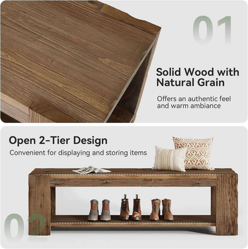 Solid Wood Entryway Bench with Storage Shelf, 55.12-Inch 2-Tier Wood Shoe Ben...
