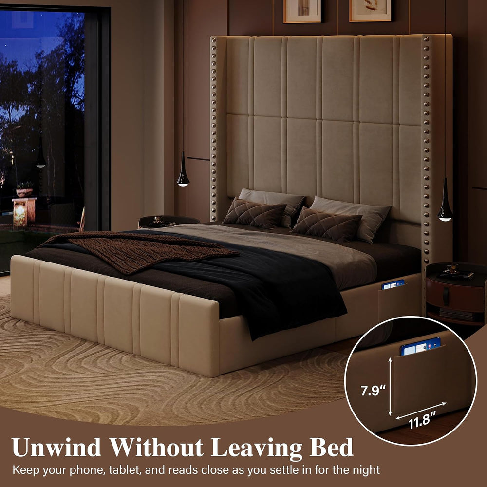 Queen Bed Frame with 65.75" Tall Headboard, Beige