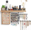 SOLIMINTR Hanging Jewelry Organizer Wall Mount with Rustic Wood Shelf, Ring Display Box, Ear Studs Earring Holder, Rotating Necklace Holder Organizer