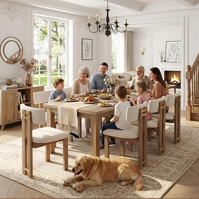 HNY Modern Farmhouse Linen Dining Chairs Set of 6, Beige Fabric Upholstered Dining Room Kitchen Chairs with Natural Wood Frame & Curved-Back, Armless Accent Wood Chairs for Dining Living Room