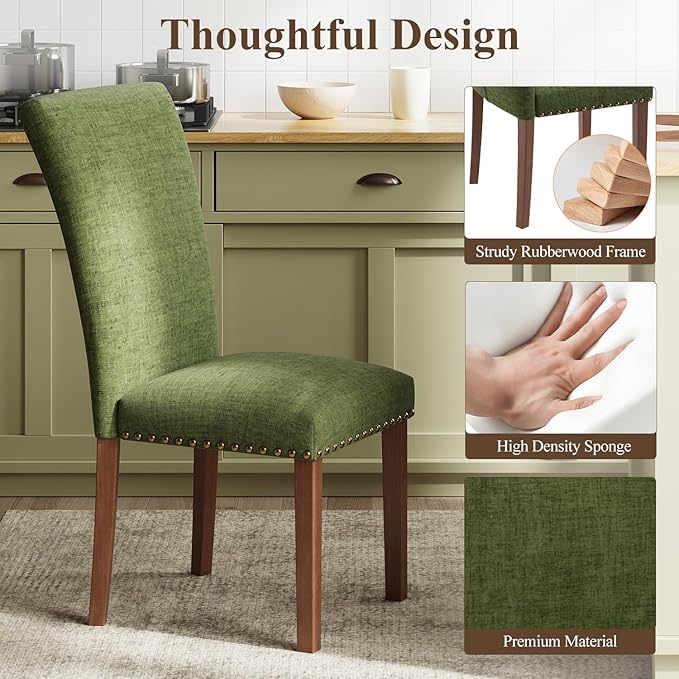 Stylish Dining Chairs Set of 4, Upholstered Parsons Dining Room Chair with Nailhead Trim, Kitchen Room Chair with Thick Cushions and Wood Legs, Nailhead Trim, Green