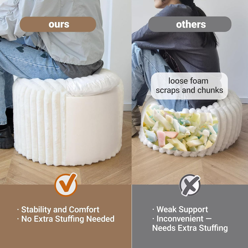 Round Stuffed Pouf Ottoman, Stripe Faux Fur Footrest, Solid Block Support+Sof...