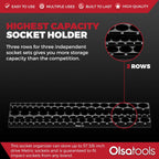 Olsa Tools Magnetic Socket Organizer (3/8-Inch Drive, 3 Row) - Magnetic Tool Organizer & Socket Holder - Tool Box Socket Organizers - Metric Black - Holds 54 Sockets - Professional Grade - Part: 1553