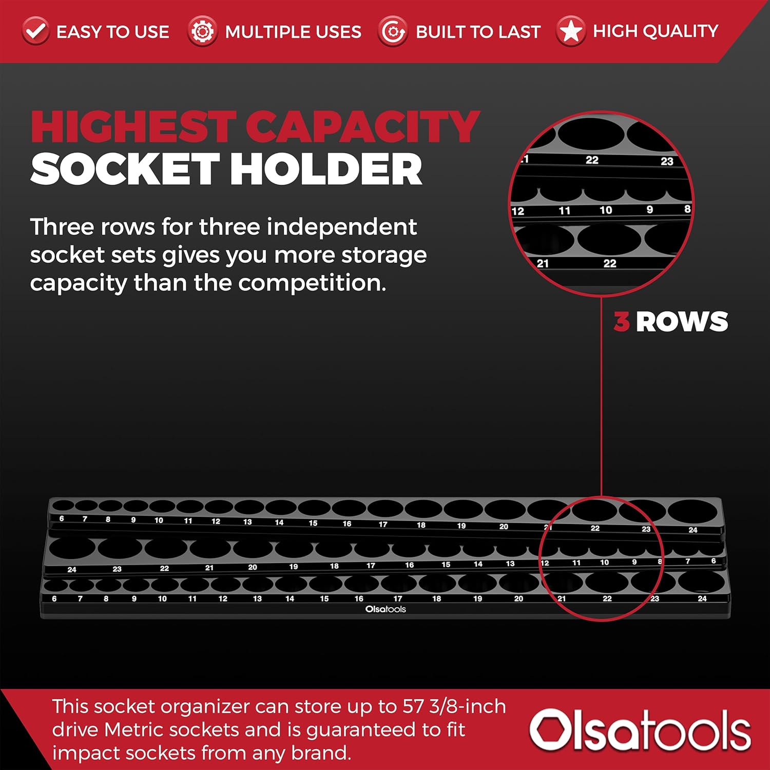 Olsa Tools Magnetic Socket Organizer (3/8-Inch Drive, 3 Row) - Magnetic Tool Organizer & Socket Holder - Tool Box Socket Organizers - Metric Black - Holds 54 Sockets - Professional Grade - Part: 1553