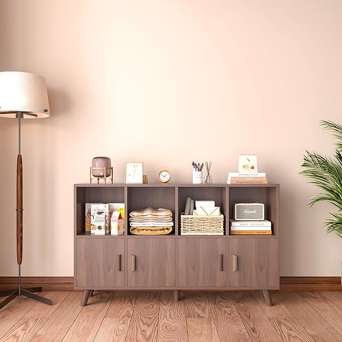 Cubby Shelf Bookcase with Doors - Wooden 8 Cubes Floor Standing Open Bookshel...