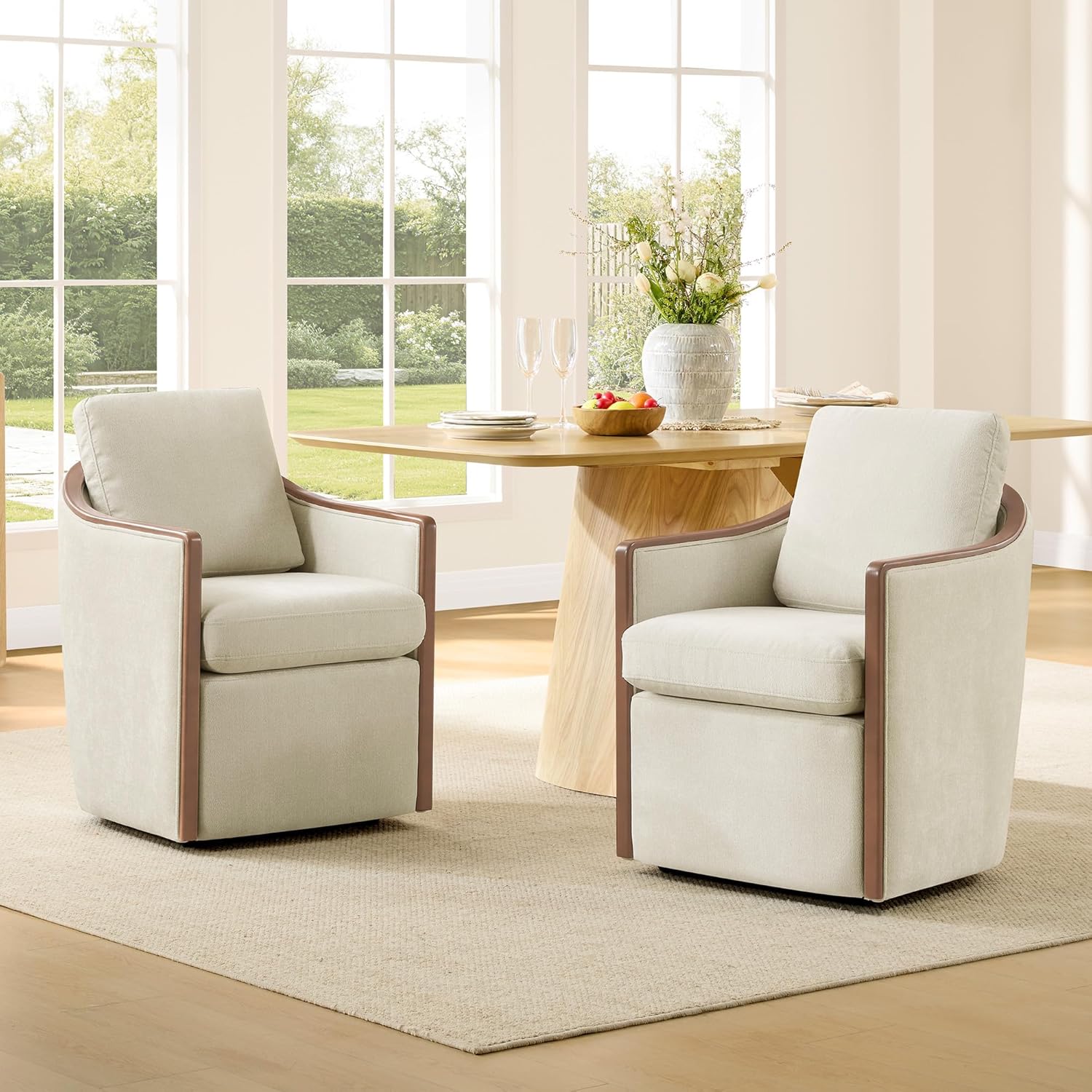 CHITA Upholstered Dining Chairs Set of 2 with Hidden Casters, Modern Dining Chair with Backrest & Wood Armrest, Chenille Barrel Chairs for Dining Room, Kitchen Chairs Fully Assembled, Cream