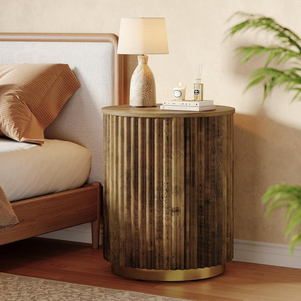 Tribesigns Fluted Round Side Table, Small Bedside Table for Sofa, Wooden Nigh...