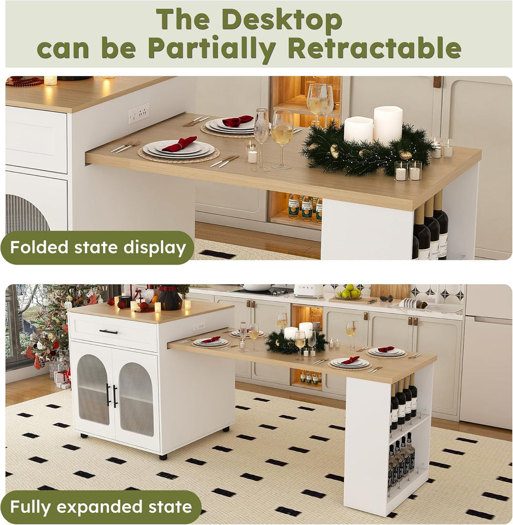 80" Kitchen Island with Extendable Dining Table, Marble-Grain Countertop...