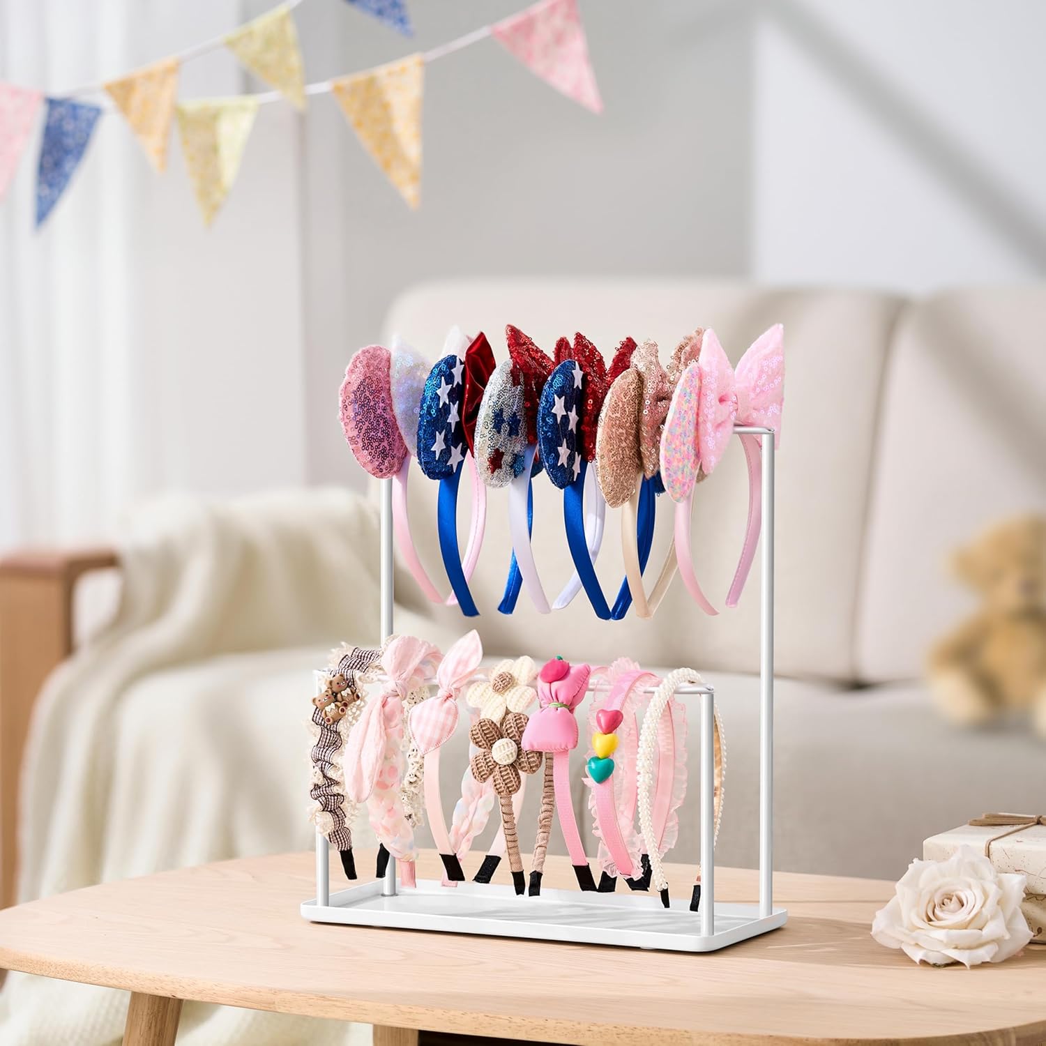 pickpiff Headband Holder Organizer Metal 2-Tier with Tray: Hair Accessories Display Stand Storage, Purse Charms Key Rings Rack Necklace Stand Home Bedroom for Girls Women, White