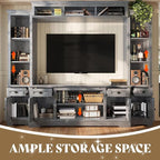 AMERLIFE 98" Farmhouse Wall Unit Entertainment Center with Bookshelves, Wine Cabinet, Fits 75" TVs, Large TV Stand with Power Outlets & Barn Door, Rustic Media Console for Living Room, Gray