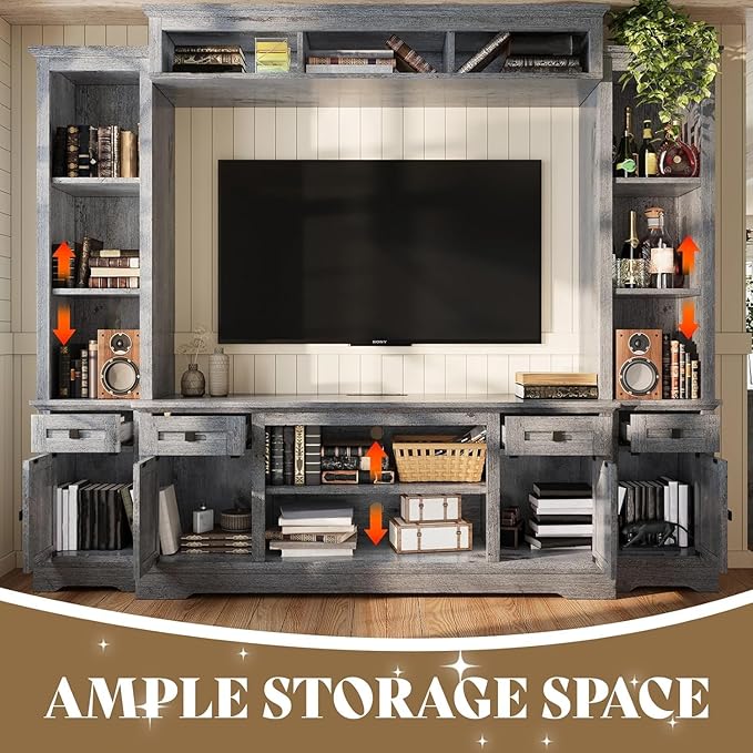 AMERLIFE 98" Farmhouse Wall Unit Entertainment Center with Bookshelves, Wine Cabinet, Fits 75" TVs, Large TV Stand with Power Outlets & Barn Door, Rustic Media Console for Living Room, Gray