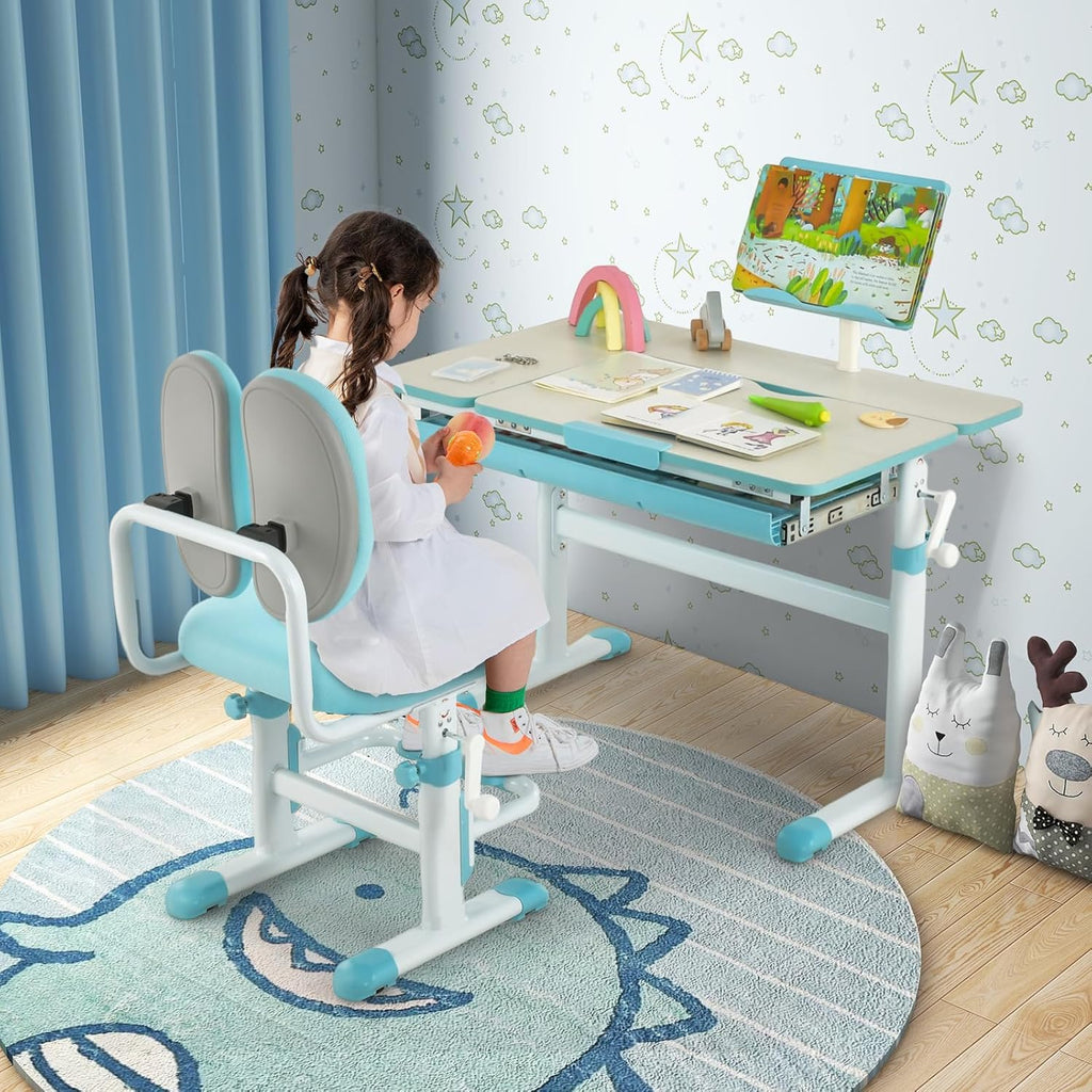 Costzon Kids Desk, Ergonomic Height-Adjustable Children Study Table w/Tiltable Desktop & Book Stand, Pull-Out Storage Drawer & Scale Ruler, Student Workstation for Writing, Drawing, Reading (Blue)