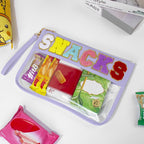 Snack Bag for Travel & Makeup - Clear Chenille Letter Zipper Pouch, Waterproof Cosmetic Tote Bag for Women & Girls (Purple)