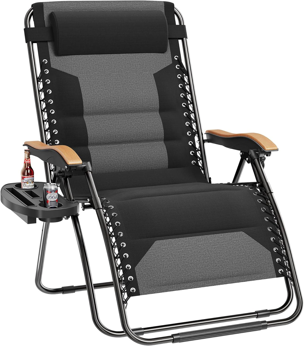 PHI VILLA XXL Oversized Padded Zero Gravity Chair, Foldable Patio Recliner, 30" Wide Seat Anti Gravity Lounger with Cup Holder, Support 400 LBS (Black)