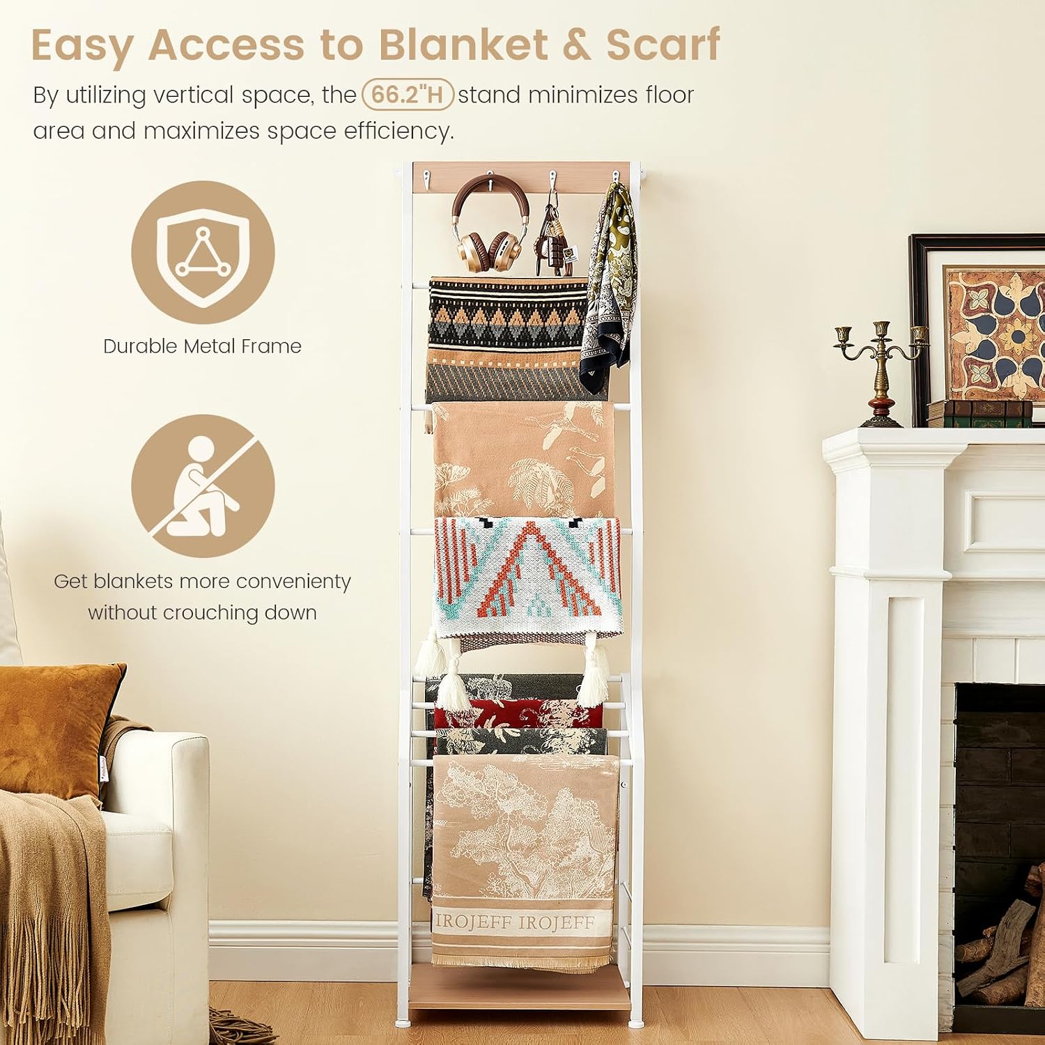Pinzoveco Blanket Ladder, 7 Tier Wooden Ladder Shelf with Hooks 5.5ft White | Blanket Ladders for The Living Room, Blanket Holder Rack Farmhouse Ladder Rack for Storage and Home Decor