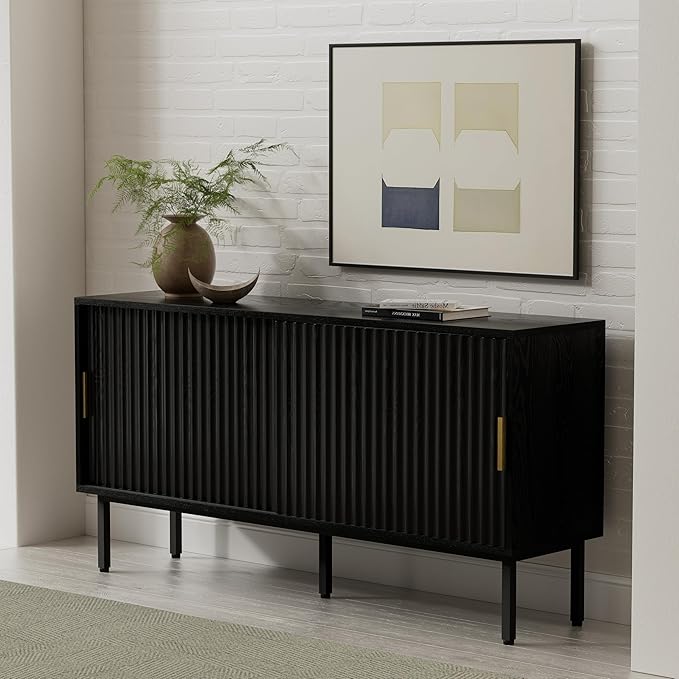 TV Stand for Living Room Farmhouse Entertainment Center with Fluted Sliding Doors TV Console Cabinet with Adjustable Shelf and Storage Media Console, Black