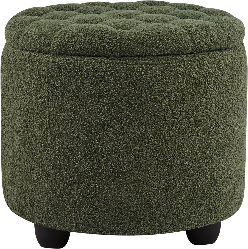 Furniliving Modern Round Storage Ottoman, Upholstered Button Tufted Ottoman Footstool Ottomans with Removable Lid Storage Footstool for Living Room, Bedroom, Makeup Room, Teddy, Green