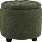 Furniliving Modern Round Storage Ottoman, Upholstered Button Tufted Ottoman Footstool Ottomans with Removable Lid Storage Footstool for Living Room, Bedroom, Makeup Room, Teddy, Green