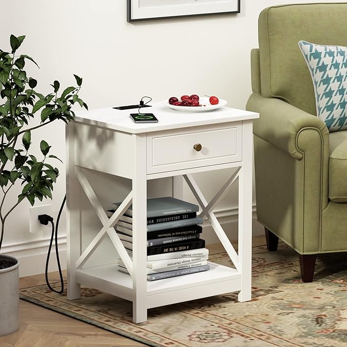 Treocho White End Table Set of 2,Nightstand with Charging Station, X-Design Side Table with 2 AC and USB Power Outlets, Small Night Stand with Storage Drawer and Open Shelf for Living Room