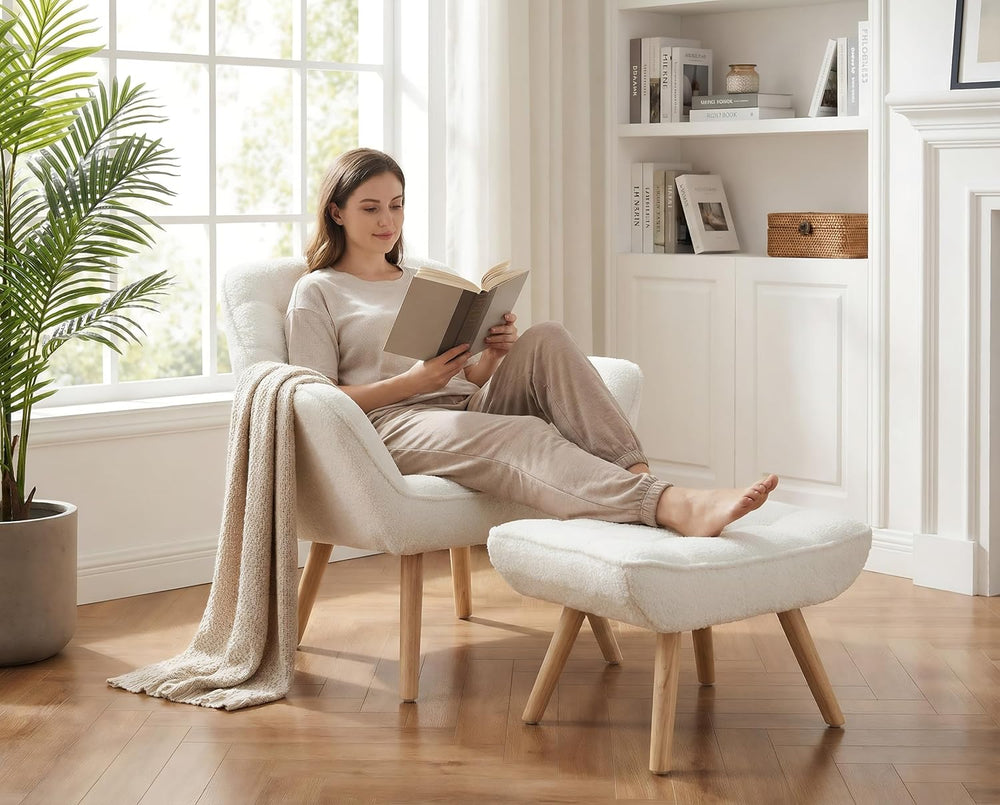 White Sherpa Accent Chair with Ottoman ，Modern Reading Chairs with Ottoman Se...