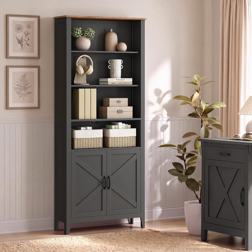 VASAGLE Farmhouse Bookshelf, 6-Tier Bookcase with Doors
