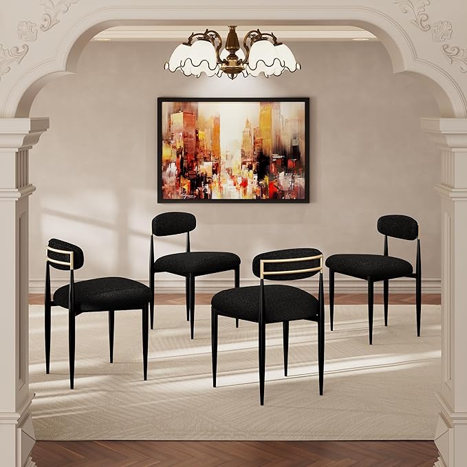 Morden Fort Black Dining Chairs Set of 4, Boucle Upholstered Chairs with Curved Backrest and Straight Metal Legs for Dining Room, Kitchen, Living Room and Apartment