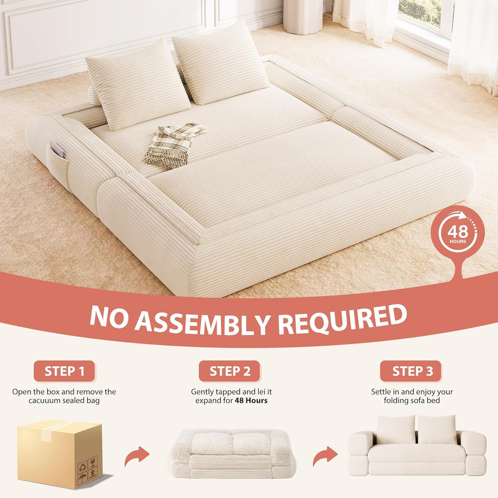 Jocoevol 4-in-1 Convertible Folding Sofa Bed, 78"W x 68"L Queen Size Foldable Sleeper Sofa Bed, Wide Corduroy Upholstery, Boneless Mattress Couch with Armrests & Neck Pillow for Living/Bedroom, Beige