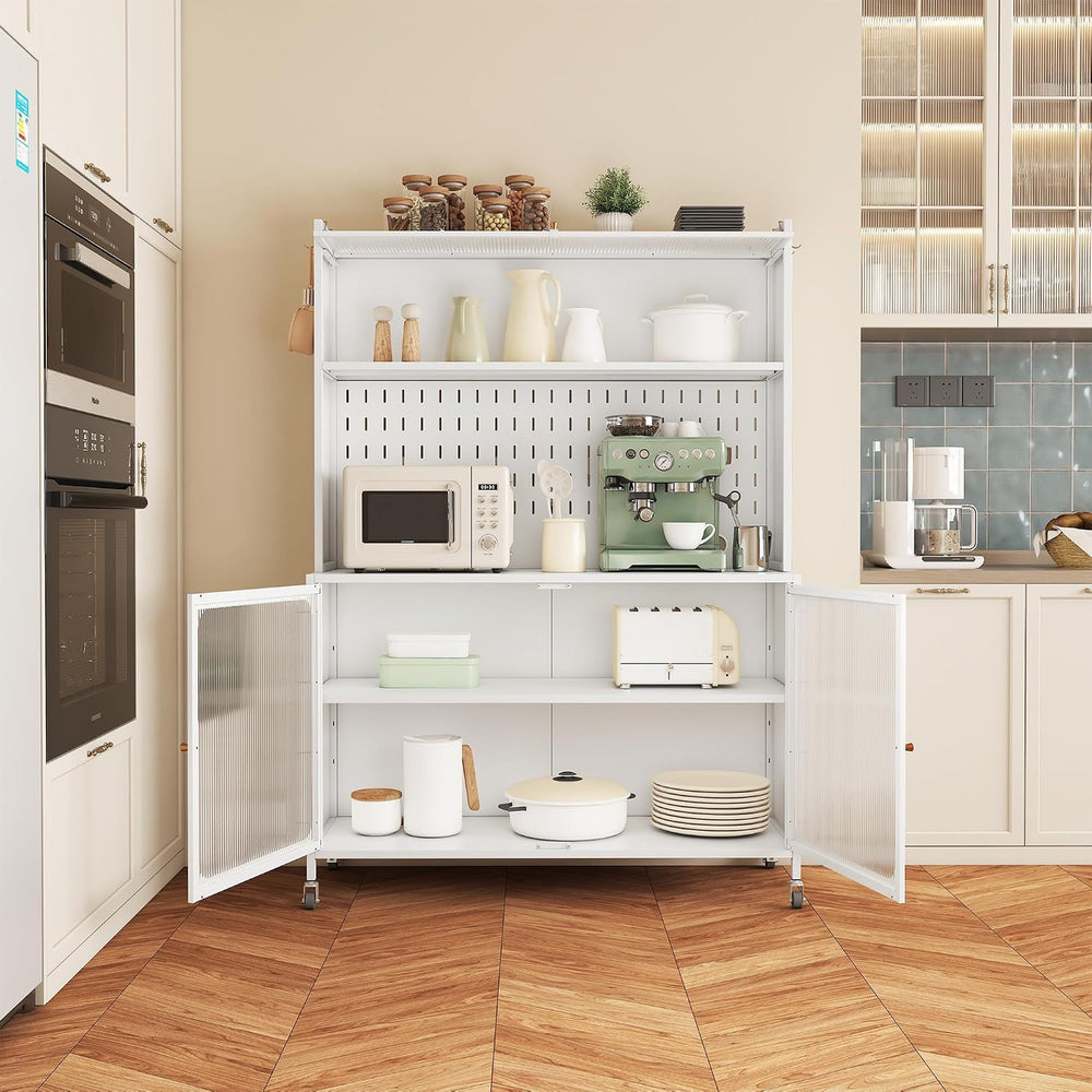 Rolling Kitchen Pantry Cabinet with 2 Glass Doors & Adjustable Shelves, F...