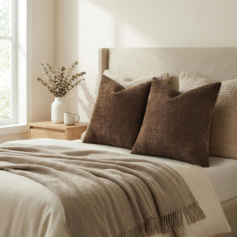 decorUhome Chenille Decorative Throw Pillow Covers 24x24 Set of 2, Brown