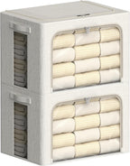 FHSQX 2 Pack Clear Window Storage Bins Large Stackable Linen Fabric Storage for Clothes Foldable Container Organizer Set with Carrying Handles (Lvory White, 23.6x 16.5x 15.7 Inch)