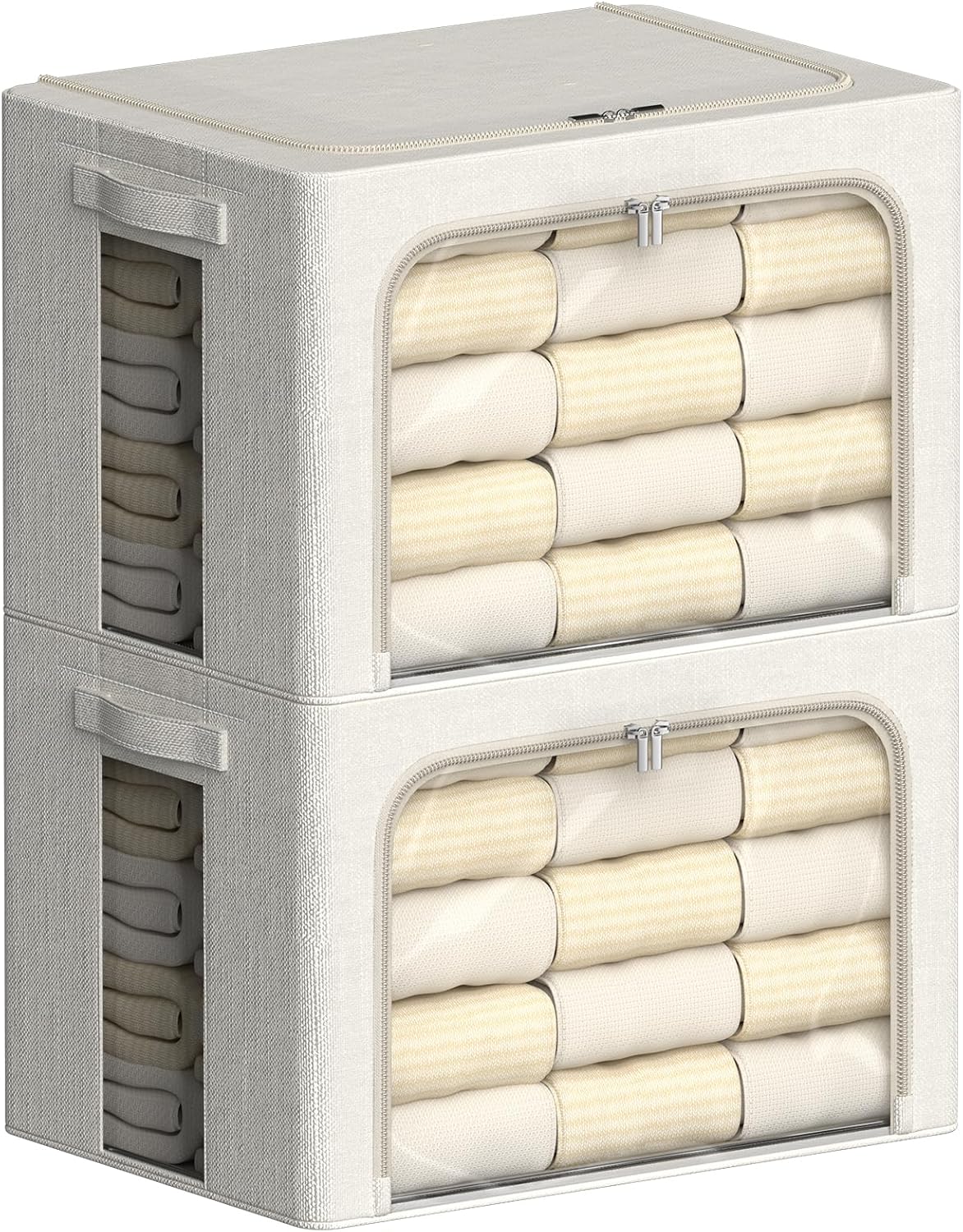 FHSQX 2 Pack Clear Window Storage Bins Large Stackable Linen Fabric Storage for Clothes Foldable Container Organizer Set with Carrying Handles (Lvory White, 23.6x 16.5x 15.7 Inch)