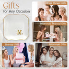 Bridal Shower Gifts for Women - 4"x4" Jewelry Dish Tray Letter M | Wedding Gifts, Engagement Gift, Initials Ceramic Personalized Ring for Women, Dish Gold Trim Design, Desk Vanity Decor